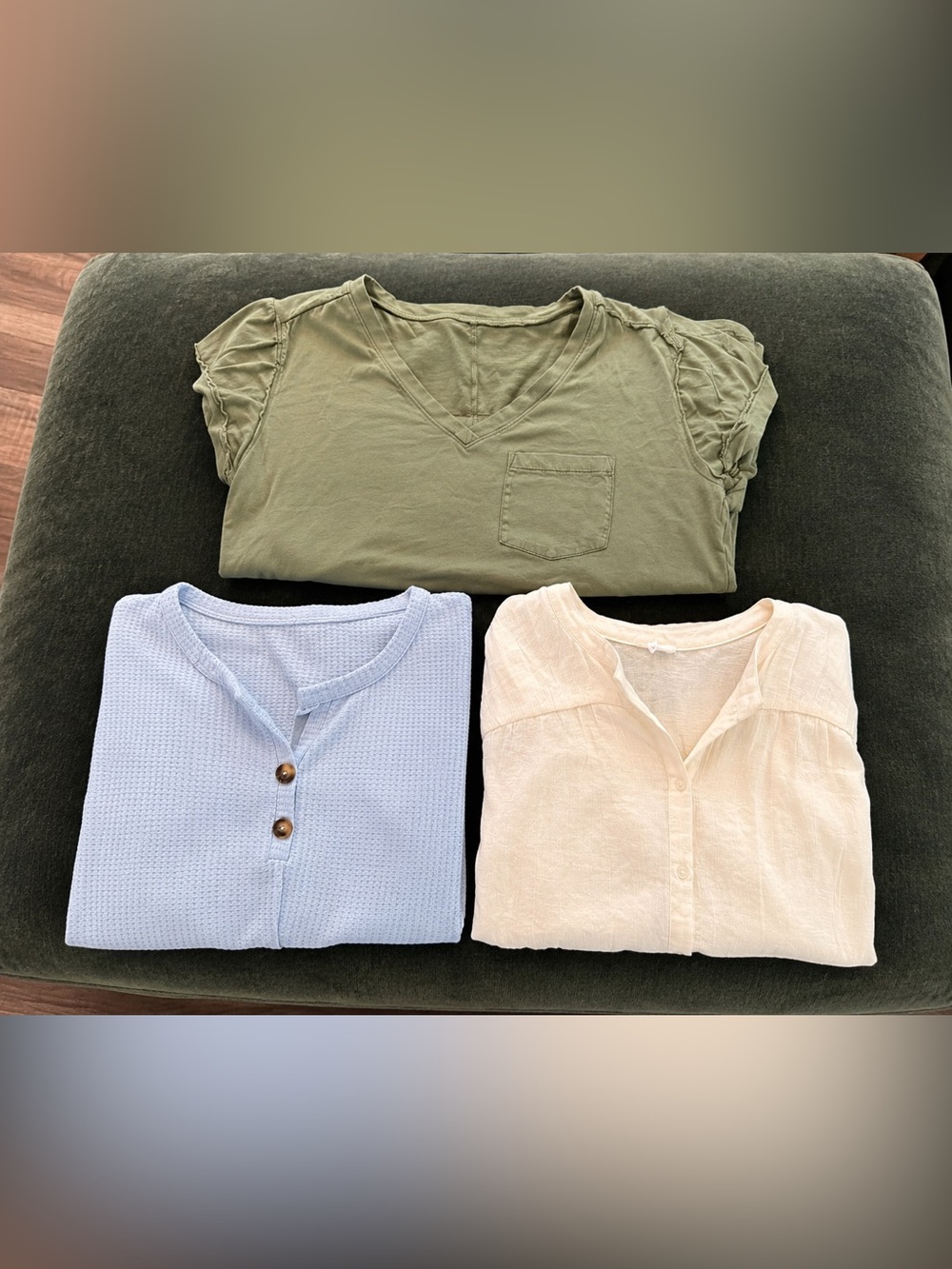 SHEIN  Olive Green V-Neck, Light Blue Henley, Cream Button Front Tops Set
